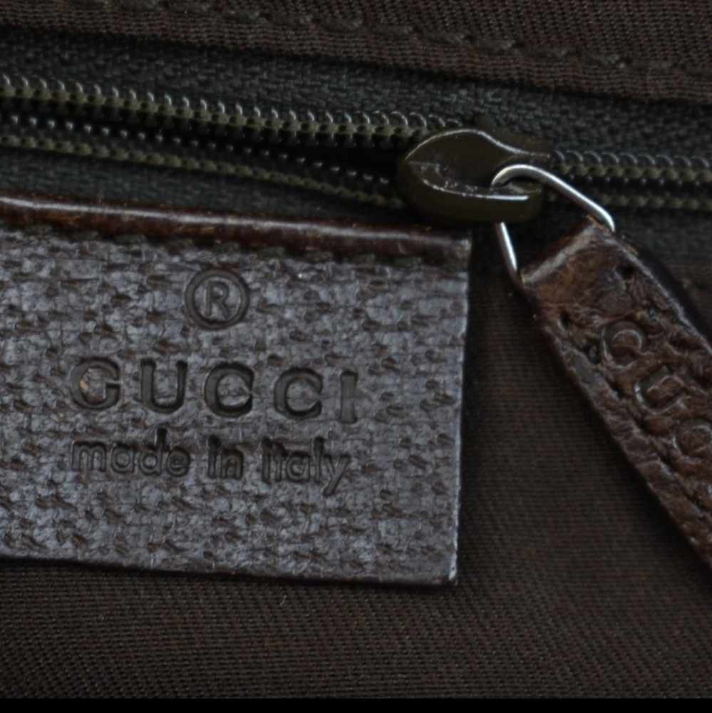 GUCCI: Beige, "GG" Logo & Brown Leather Logo Tote/Shoulder Bag - Picture 8 of 9